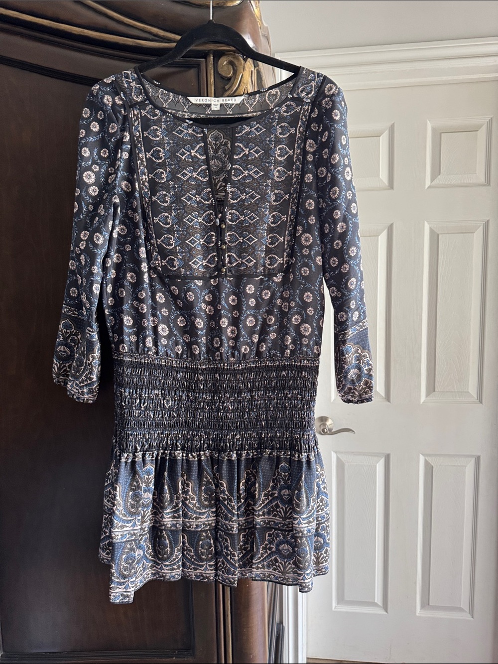 Veronica Beard Indigo Paisley Smocked-Waist Mini Dress size 10